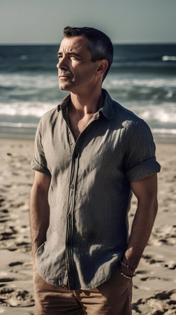 Portrait of a handsome mature man standing on the beach and looking awayの素材