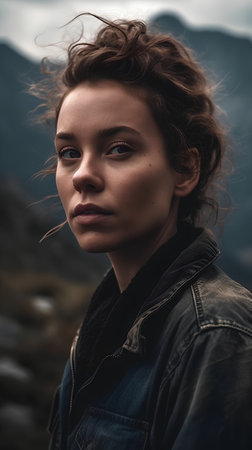 portrait of a beautiful girl on the background of a mountain landscapeの素材