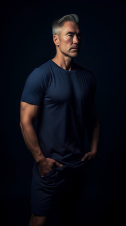 Handsome muscular man posing over black background. Men's beauty, fashion.の素材