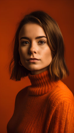 Portrait of beautiful young woman in orange sweater. Studio shot.の素材
