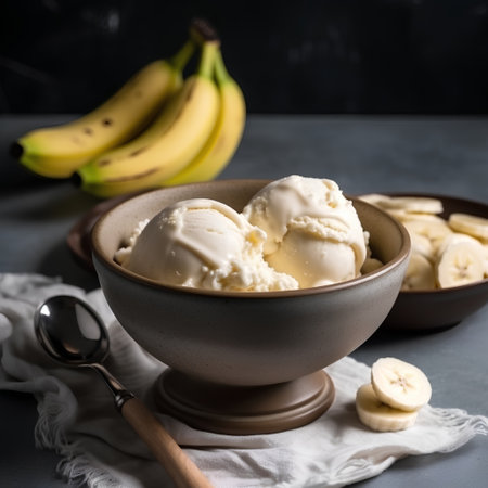 Vanilla ice cream with fresh bananas in a bowl, selective focusの素材