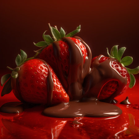 Strawberries and chocolate on a red background. 3d renderingの素材