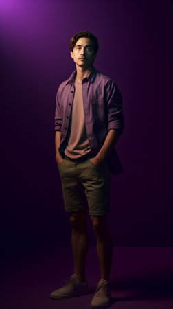 Handsome young asian man standing with hands in pockets on purple backgroundの素材