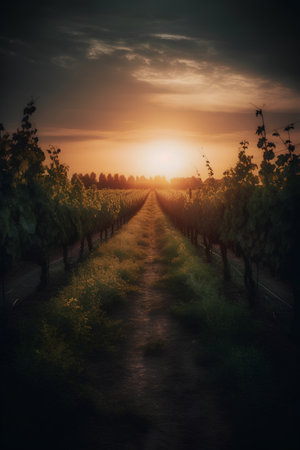 Vineyard in the countryside at sunset. Filtered image processed vintage effect.の素材