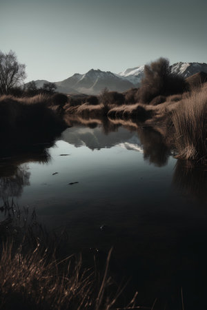 Reflection of the mountains in the lake. Black and white photo.の素材