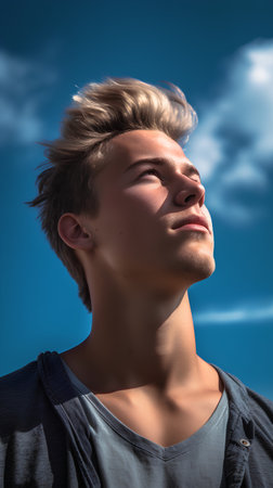 Portrait of a young man with blond hair and blue sky backgroundの素材