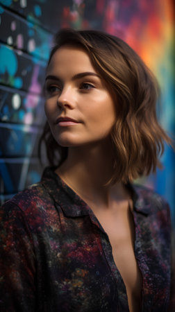Portrait of a beautiful young woman on a background of graffiti wallの素材