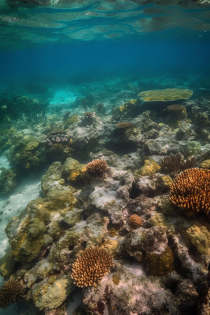 Underwater view of the coral reef with hard corals and tropical fishの素材