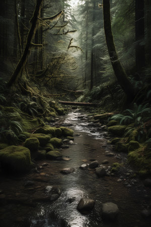 Beautiful dark forest with a stream in the middle of the forestの素材