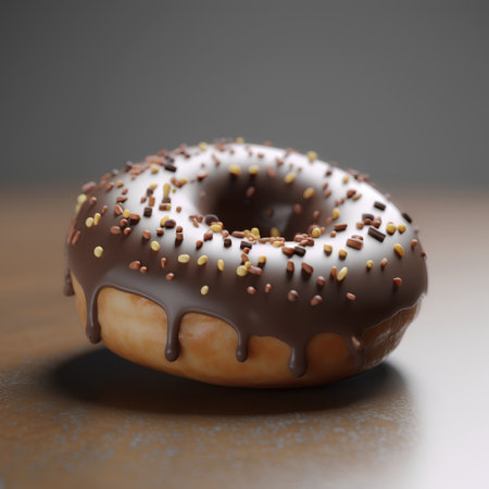 Chocolate donut with sprinkles on wooden table. 3d renderの素材