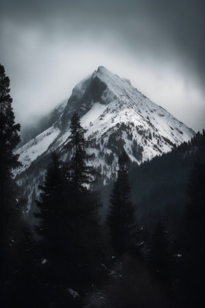 Snowy mountain top with pine trees in the foreground. Toned.の素材