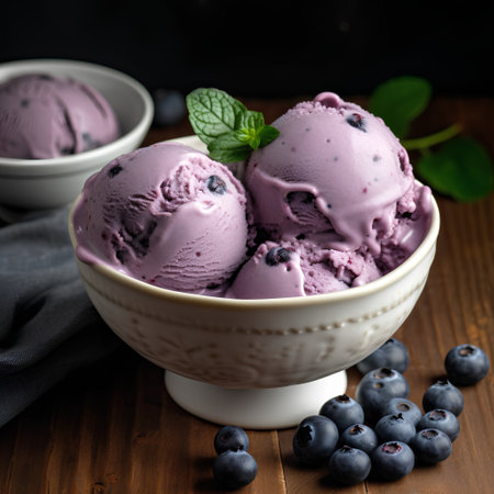 Homemade blueberry ice cream in bowl with fresh berries and mint on wooden backgroundの素材