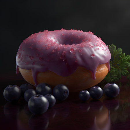donut with blueberries on a dark background. 3d renderingの素材