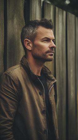 Handsome young man in a brown jacket standing near a wooden fenceの素材