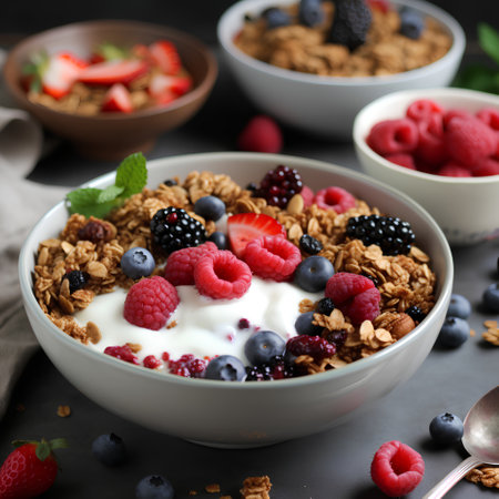 Granola with fresh berries and yogurt in bowl, selective focusの素材