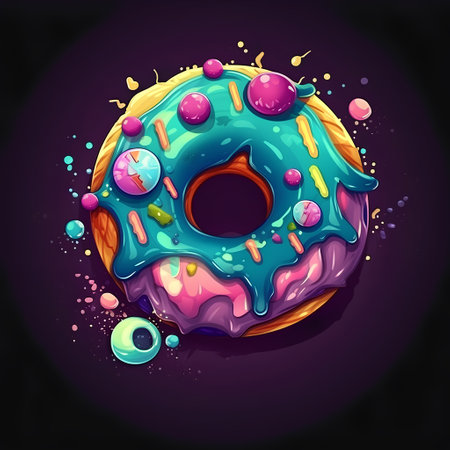 Illustration of donut with glaze and sprinkles on dark backgroundの素材