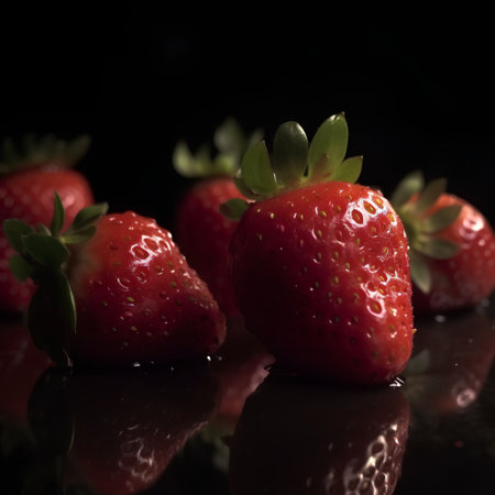 Strawberries on black background with reflection, shallow depth of fieldの素材