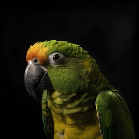 Portrait of a beautiful yellow-and-green macaw isolated on black backgroundの素材