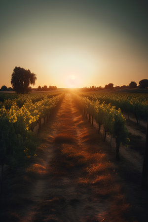 Sunset over vineyard in Tuscany, Italy. Toned.の素材