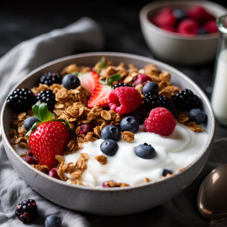 Homemade granola with yogurt and fresh berries in a bowl on a black background.の素材