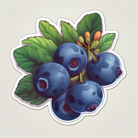 Blueberry sticker with berries and leaves. Vector illustration in cartoon style.の素材