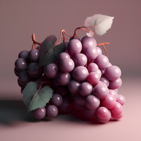 Bunch of ripe grapes with leaves on a pink background. 3d renderingの素材