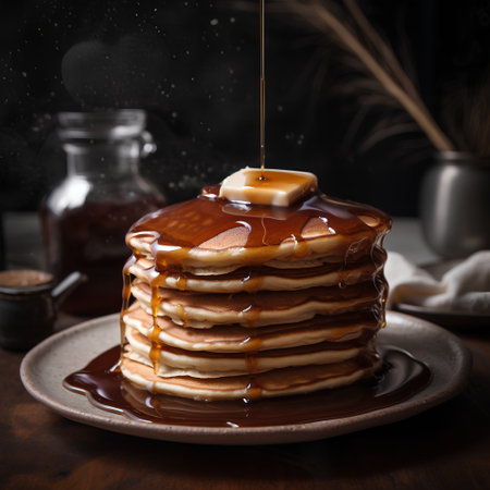 Pancakes with honey on a wooden background. Selective focus.の素材