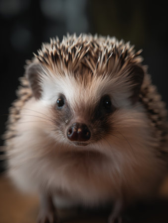 Portrait of cute little hedgehog on dark background, close upの素材