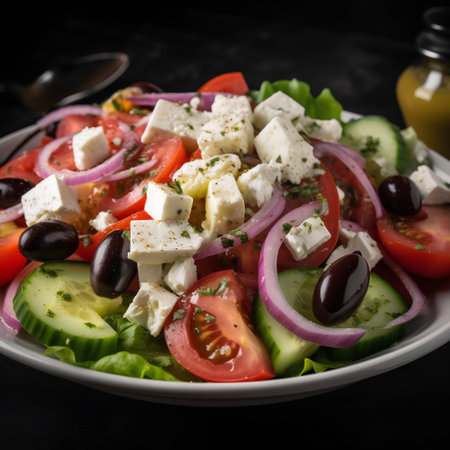 Greek salad with fresh vegetables and feta cheese on black background.の素材