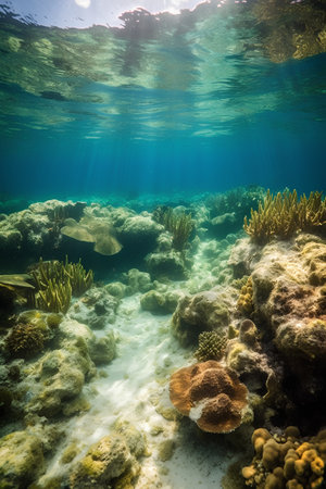 Underwater view of the coral reef with fishes and corals.の素材