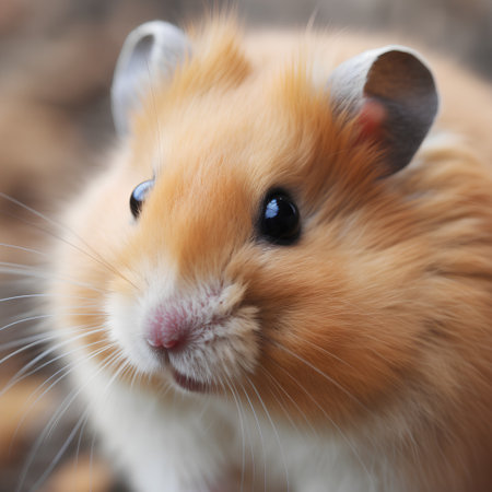 Hamster close-up portrait on a background of autumn leaves.の素材