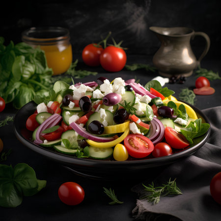Greek salad with fresh vegetables, feta cheese, olives and herbs on black backgroundの素材