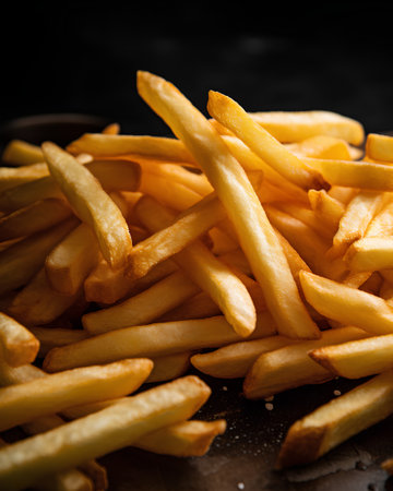 Golden French fries potatoes on a dark background. Selective focus.の素材