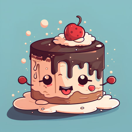 Cute cartoon cake with a cherry on top. Vector illustration.の素材