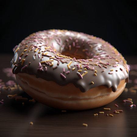 Chocolate glazed donut with sprinkles on wooden background.の素材