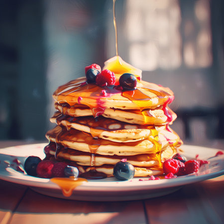 Pancakes with berries and maple syrup. Toned image.の素材