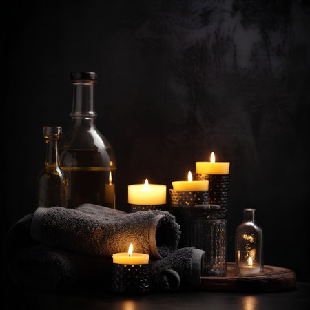 Spa still life with towels, candles and oil on dark backgroundの素材