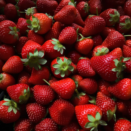 Strawberries background. Top view of fresh red strawberries. Healthy food concept.の素材