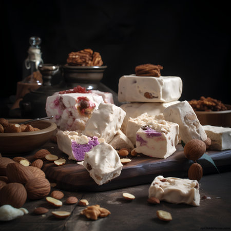 Turkish delight with pistachios and nuts on a wooden background.の素材