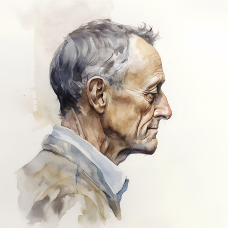 Digital watercolor portrait of a smiling senior man looking at the cameraの素材