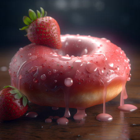 Donut with strawberry on a wooden background. 3d rendering.の素材