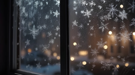 Winter background with snowflakes and bokeh lights on windowの素材