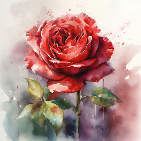 Red rose on watercolor background. Watercolor painting. Vector illustration.の素材