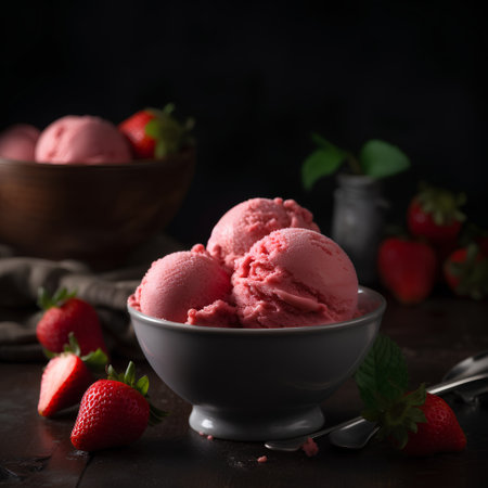 Scoops of strawberry ice cream in a bowl, selective focusの素材