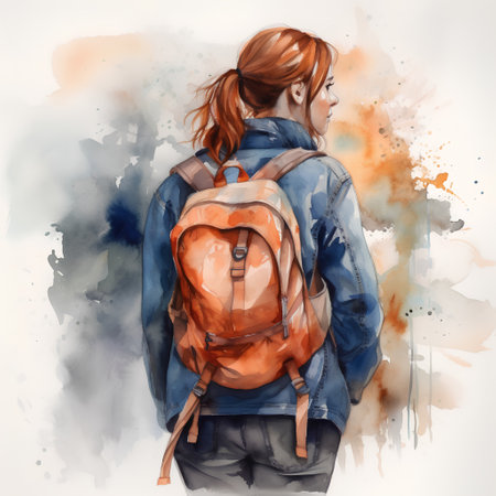 Beautiful young woman with a backpack on a background of watercolor splashesの素材