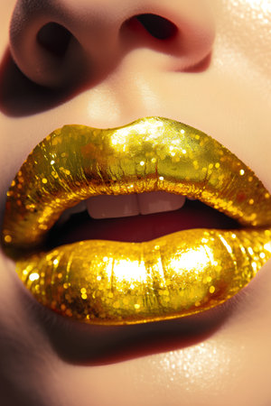 Close-up portrait of a beautiful woman's lips with golden glitter makeup. Beauty, fashion.の素材