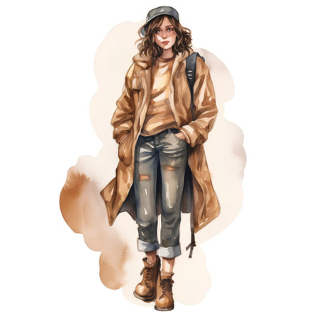 Beautiful young woman in autumn clothes. Watercolor fashion illustration.の素材