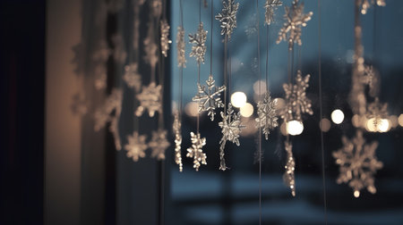 Glowing snowflakes on the background of a window. Christmas backgroundの素材