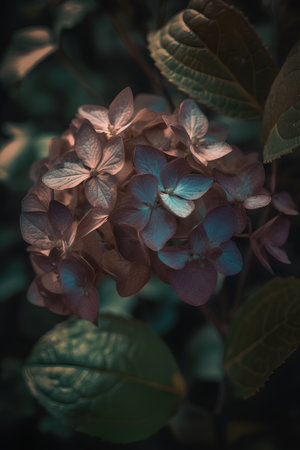 Beautiful hydrangea flowers in the garden. Vintage tone.の素材