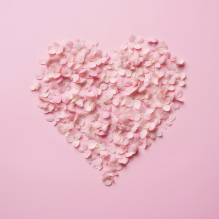Heart made of pink hydrangea petals on pink backgroundの素材